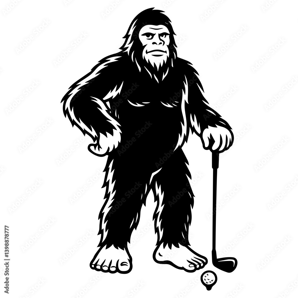 Obraz premium Confident yeti standing with a golf club in hand. Cool black and white line art