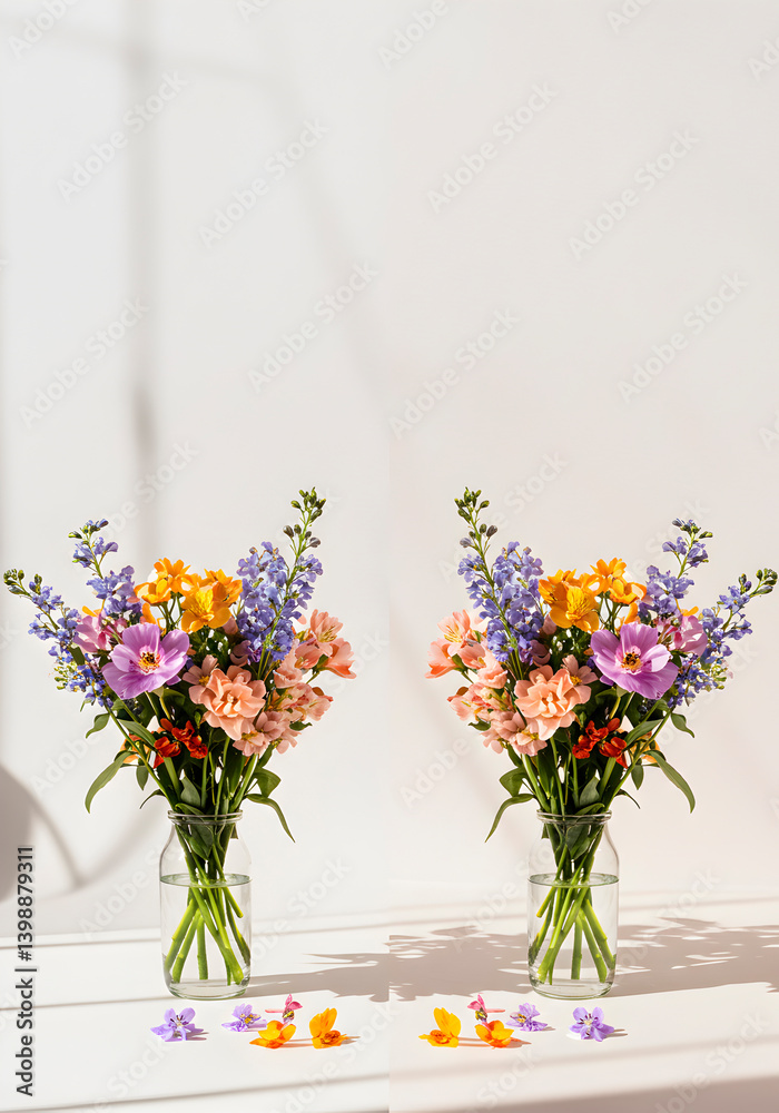 Fototapeta premium Pair of Colorful Spring Bouquets in Glass Vases