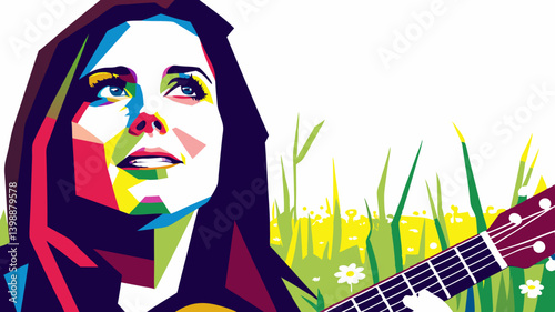 Woman with guitar gazing upward against floral background. Vibrant pop art style captures musical inspiration with bold colors and simplified shapes. Concept: music education, folk festivals, artistic
