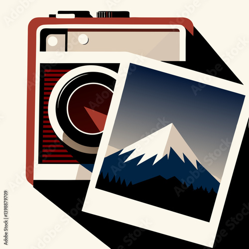 Retro camera with instant photos featuring mountain view, stylized in warm tones. Concept: photography, memory, travel, nostalgia, camera, instant. Used in photography blogs, travel ads, retro brandin