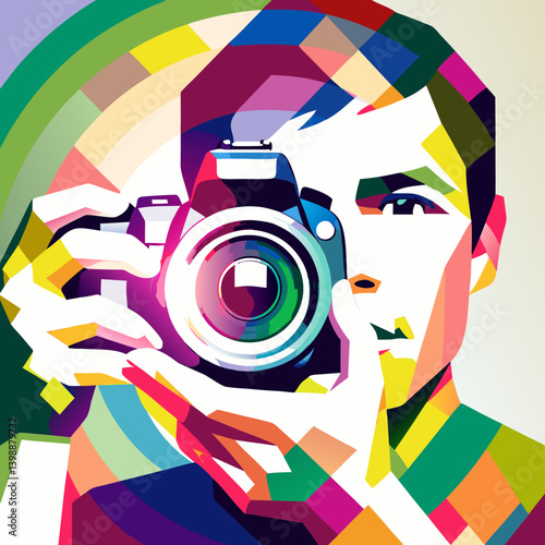 Photographer shooting in vibrant geometric pop art. Multicolored shapes create dynamic visual portrait of creative process. Concept: digital agencies, photography studios, art education.