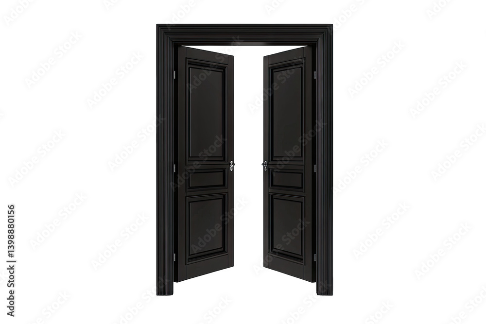 a pair of black double doors slightly ajar set against a plain white background symbolizing transition opportunity or entry into a new space a pair of black double doors slightly ajar set against a plain white background symbolizing transition opportunity or entry into a new space