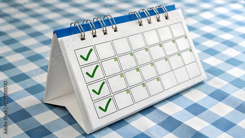 3D illustration of calendar with green check marks on several days, symbolizing completed tasks, scheduling, or event planning.