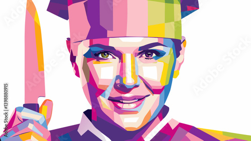 Female chef with confident expression holding large knife. Vibrant fragmented colors and geometric shapes convey expertise and energy. Concept: culinary industry, women in business, cooking school.