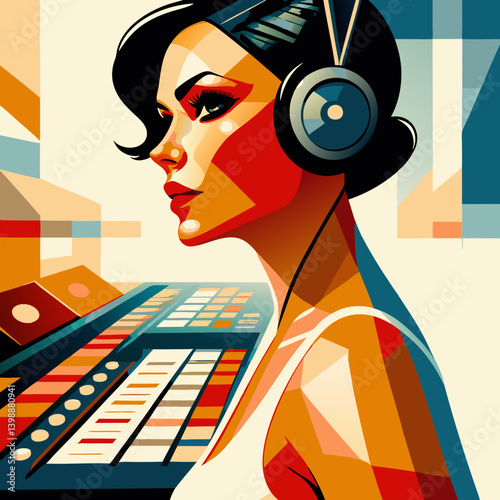 Focused woman DJ wearing headphones at mixing console. Serious expression captured in vibrant geometric style.  Concept: music production, entertainment industry, audio engineering.