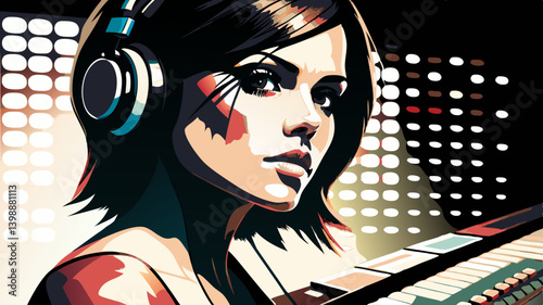 Young woman wearing headphones at recording studio Serious, intense expression captured in bold graphic novel style with keyboard visible. Concept music production, audio engineering, podcast creation