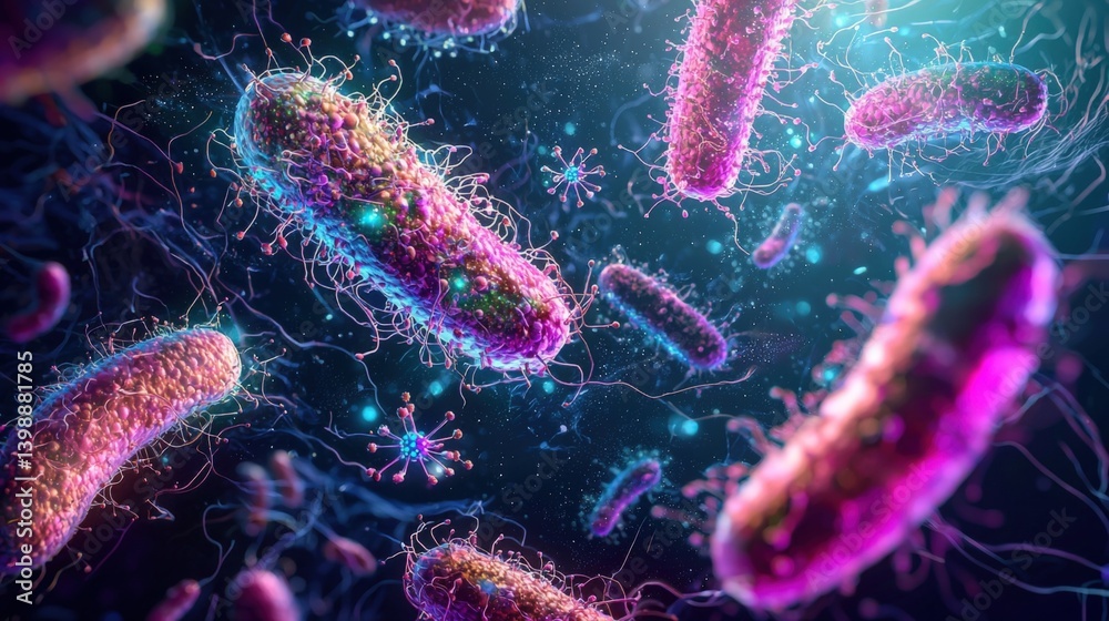 Microscopic abstract vibrant pink, blue, and green microorganism illustration Microscopic abstract vibrant pink, blue, and green microorganism illustration