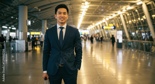 Wallpaper Mural Confident young businessman in tailored navy suit inside a bustling airport terminal with polished reflective floors and warm ambient lighting Torontodigital.ca
