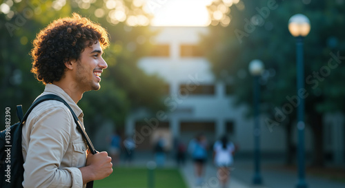 Cheerful young man with curly hair smiling in profile, wearing a light shirt and backpack, outdoor university campus backdrop under warm sunlight
