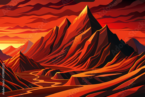 mountain slope covered in saturated red and black layers, glowing under a burnt orange sky, mountain landscape with lava tone