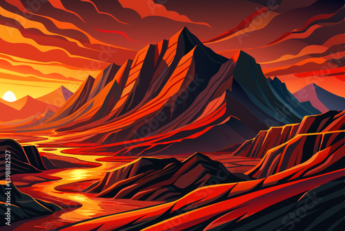 mountain slope covered in saturated red and black layers, glowing under a burnt orange sky, mountain landscape with lava tone