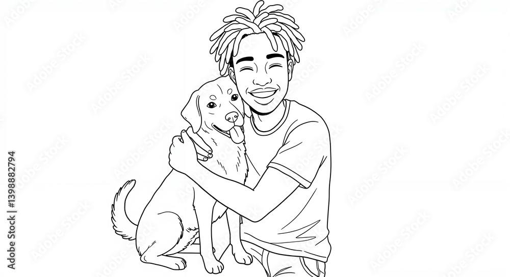 Young man smiling with a dog in a simple line art style Young man smiling with a dog in a simple line art style