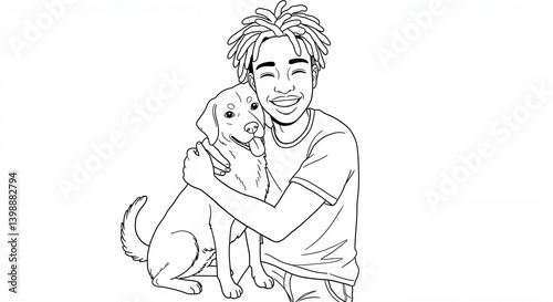 Young man smiling with a dog in a simple line art style  