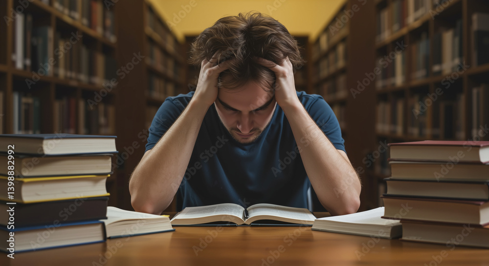 Overwhelmed student sitting at a cluttered table, gripping his head in frustration with open textbooks and scattered notes surrounding him, warm golden tones in the library background Overwhelmed student sitting at a cluttered table, gripping his head in frustration with open textbooks and scattered notes surrounding him, warm golden tones in the library background