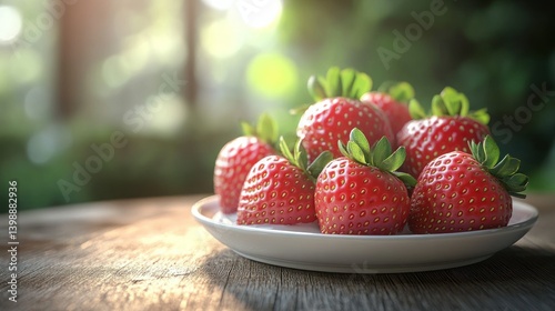Fresh, juicy strawberries on a plate outdoors photo