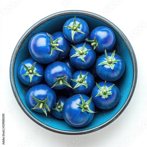 Vibrant Blue Tomatoes in a Bowl Against a Clean White Background
