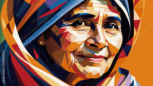 Stylized elderly woman with headscarf depicted in bold digital colors and warm background. Concept: age, wisdom, heritage, tradition, character, dignity, emotion. Suitable for cultural social visuals