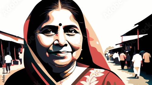Stylized portrait of Indian woman in traditional sari walking through rural street. Concept: tradition, culture, woman, India, daily life, ethnic identity. Suitable for cultural and community visuals.