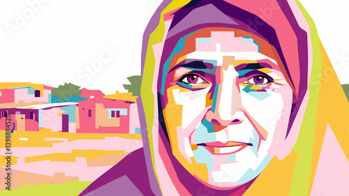 Turkish woman in hijab gazes confidently at camera. Pop art style portrait celebrates cultural identity with vibrant colors. 
Concept: Cultural diversity,fashion retail, social advocacy, traditions
