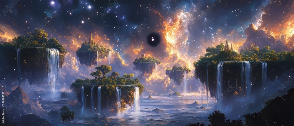 Floating islands a fantasy landscape with waterfalls and celestial elements