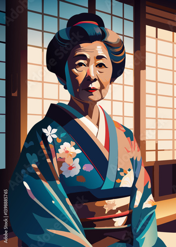 Dignified Japanese woman in traditional kimono. Elderly woman in teal floral kimono, serene and elegant. Concept: Japanese culture, traditional attire, respect for elders.
