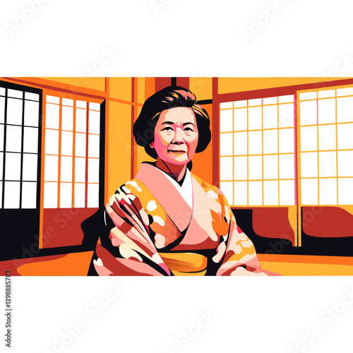 Digital illustration of older woman in traditional kimono seated in Japanese interior. Concept: tradition, culture, heritage, kimono, Japan, elderly, respect. Suitable for cultural, historical