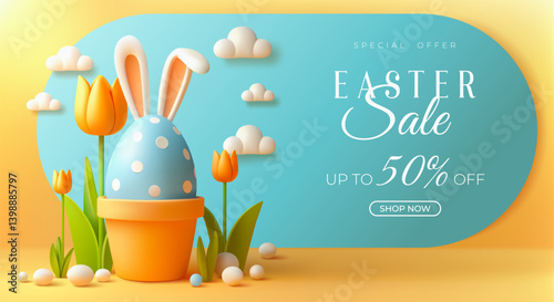 Happy Easter sale banner, greeting card, poster, cover yellow background. Festive Easter horizontal greetings, flyer, header website. Trendy Easter day design. Egg Hunt backdrop. Egg with Bunny Ears