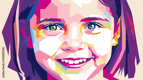 Cheerful colorful girl portrait. Vibrant pop art style, bright eyes and smile, radiating youthful joy. Concept: Children's portraits, positive emotions, artistic expression.