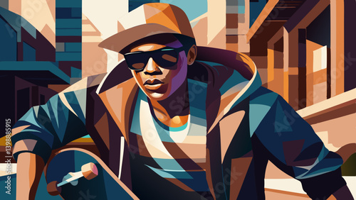 Stylized urban portrait of man in cap and hoodie with sunglasses in city environment. Concept: street style, urban, fashion, youth, attitude, hip-hop. Suitable for music, lifestyle, and streetwear the