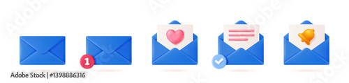 Set of blue email envelope icons with symbols like heart, notification, and checkmark on white background. Concept of communication and messages. Soft 3d vector illustration