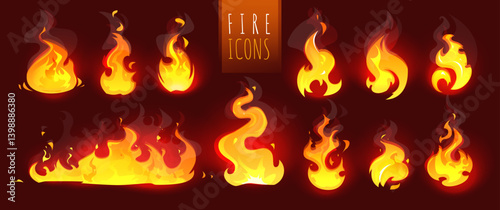 Collection of stylized fire icons in vibrant orange and yellow tones with glowing effects, flat cartoon style on a dark background. Concept of heat and energy. Vector illustration