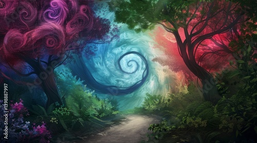 Illustration of Alice wandering through a mysterious, enchanted forest 