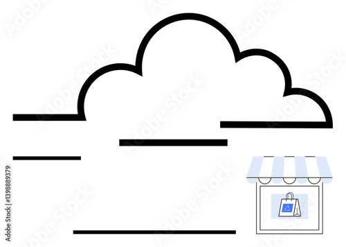 Cloud outline connected to a small online storefront with a shopping bag. Ideal for retail, e-commerce, cloud storage, business solutions, online shopping, digital transformation, flat simple