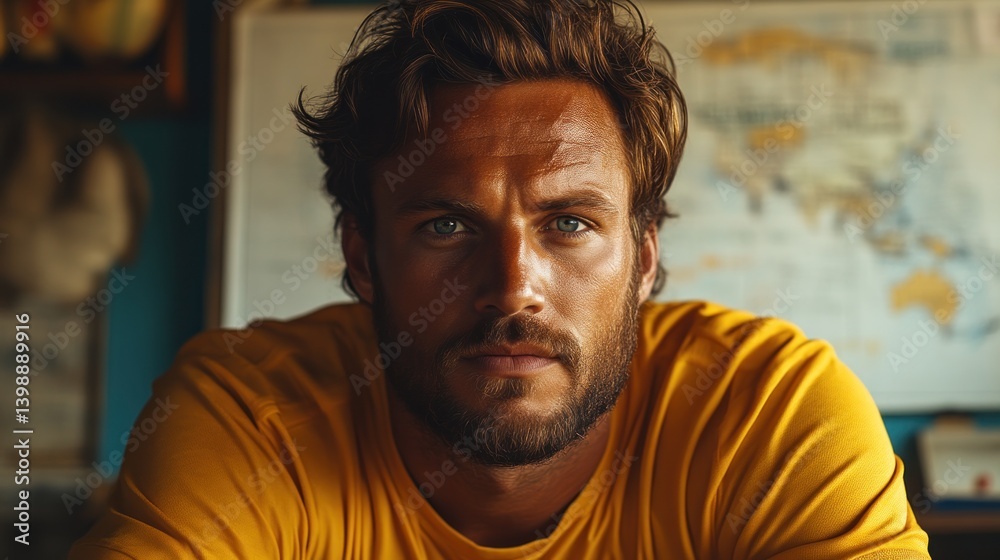 A man with a beard and blue eyes wearing a yellow shirt looking directly at the camera in a wa A man with a beard and blue eyes wearing a yellow shirt looking directly at the camera in a wa