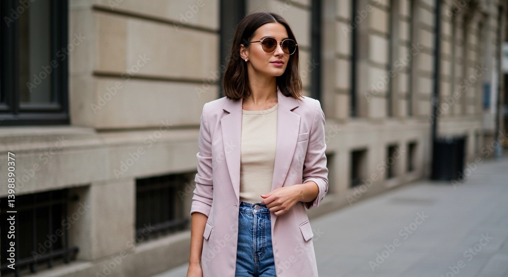 Brunette woman in jeans smiles, a casual urban style Brunette woman in jeans smiles, a casual urban style