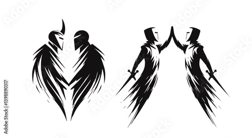 Abstract knights figures in motion with swords on a white background  as twins