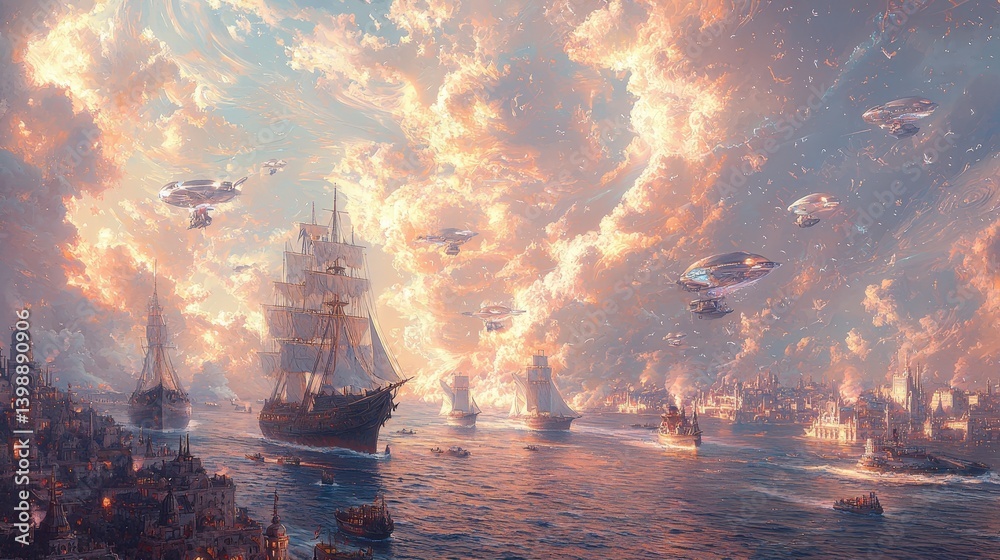 Sunset harbor futuristic sci-fi ships and ufos at a fantastical port Sunset harbor futuristic sci-fi ships and ufos at a fantastical port