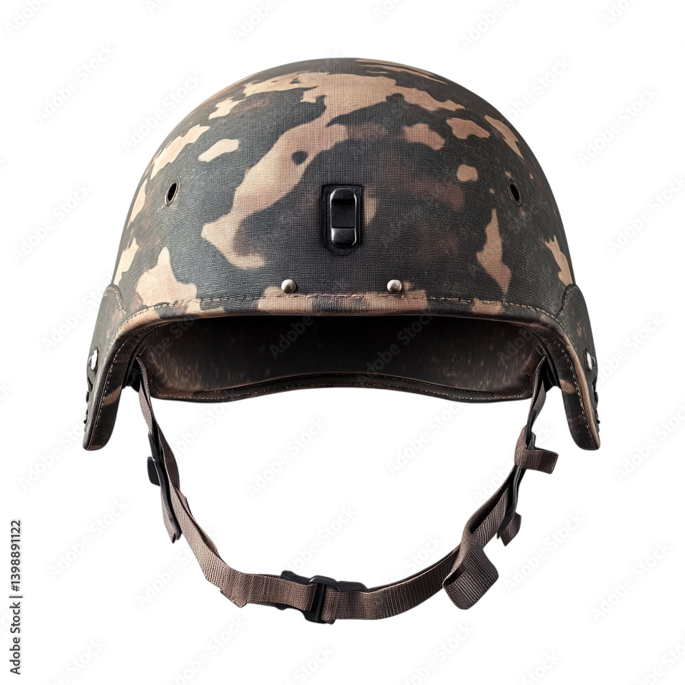 Fototapeta premium steel military helmet with camouflage, isolated, top view, photorealistic, no background