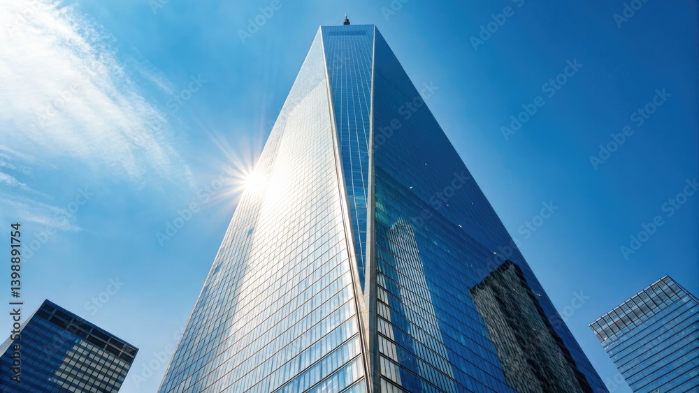 Fototapeta premium cityscape concept Modern skyscraper reflecting sunlight against a clear blue sky.
