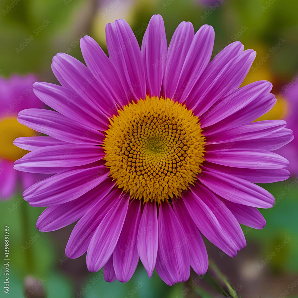 Obraz premium This image features a bright purple flower with wide, neat petals, surrounded by a striking yellow center. The smooth texture of the petals and the symmetrical shape add to the visual appeal