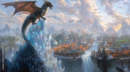 Fantasy landscape blue dragon perched on crystal peak