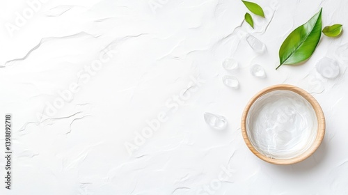 Clear Gel with Leaves and Crystals Minimalist, Bright Soft Lighting, Overhead Wide Shot, Textured Surface, Skincare Product Presentation, White Background, Serene and Clean, Perfect for Beauty Ads