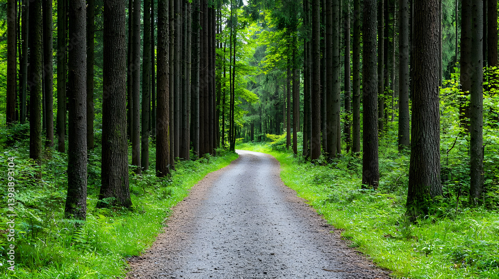 Obraz premium Forest Path Through Tall Trees In Daylight