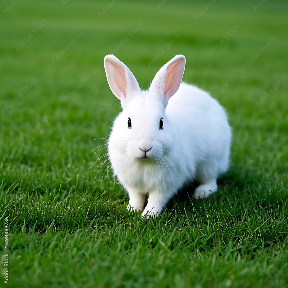 A white rabbit standing on a lush green lawn. The rabbit has long ears and appears to be looking dire A white rabbit standing on a lush green lawn. The rabbit has long ears and appears to be looking dire