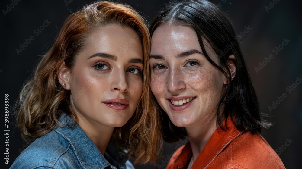 Fototapeta premium Two young women, one with wavy blonde hair and the other with straight dark hair, smiling brightly together.