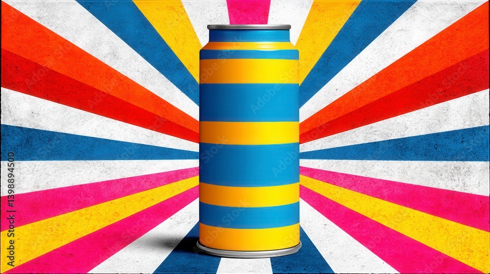 Obraz premium Blue and Yellow Striped Aluminum Can on Multicolored Radial Background
