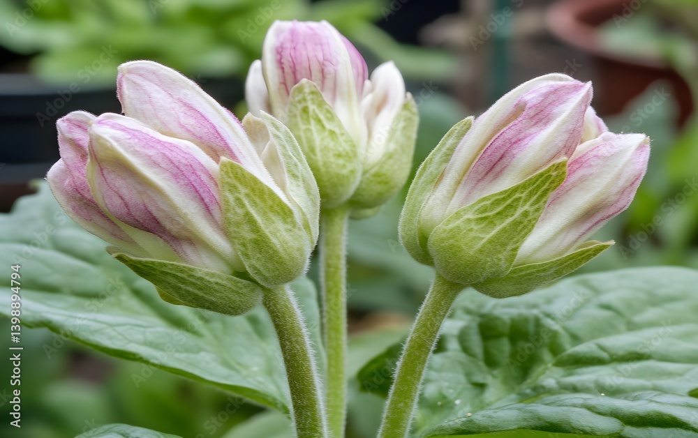 Three Pink and White Flower Buds Blooming Close Up Three Pink and White Flower Buds Blooming Close Up