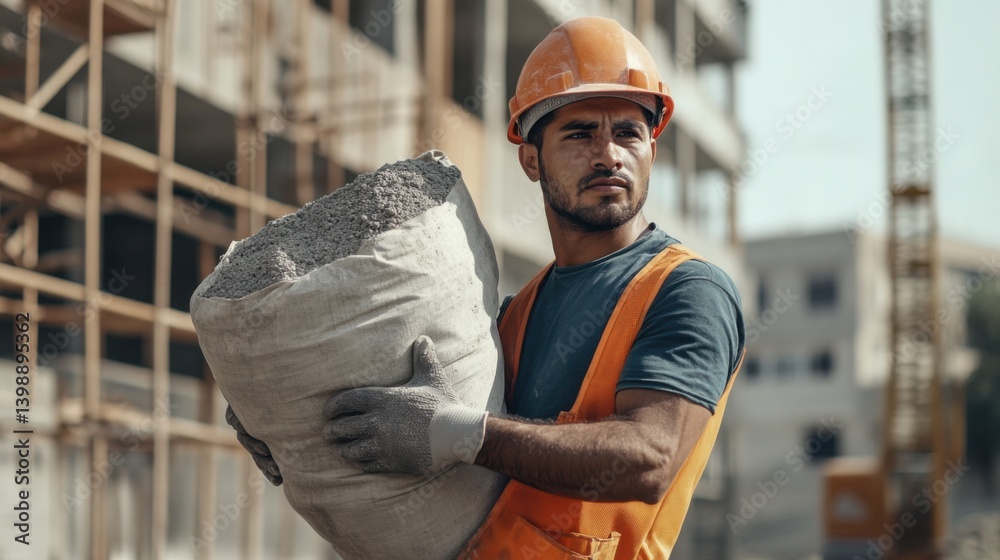 A Hispanic construction worker carrying cement bags at a construction site. Featuring strength and focus