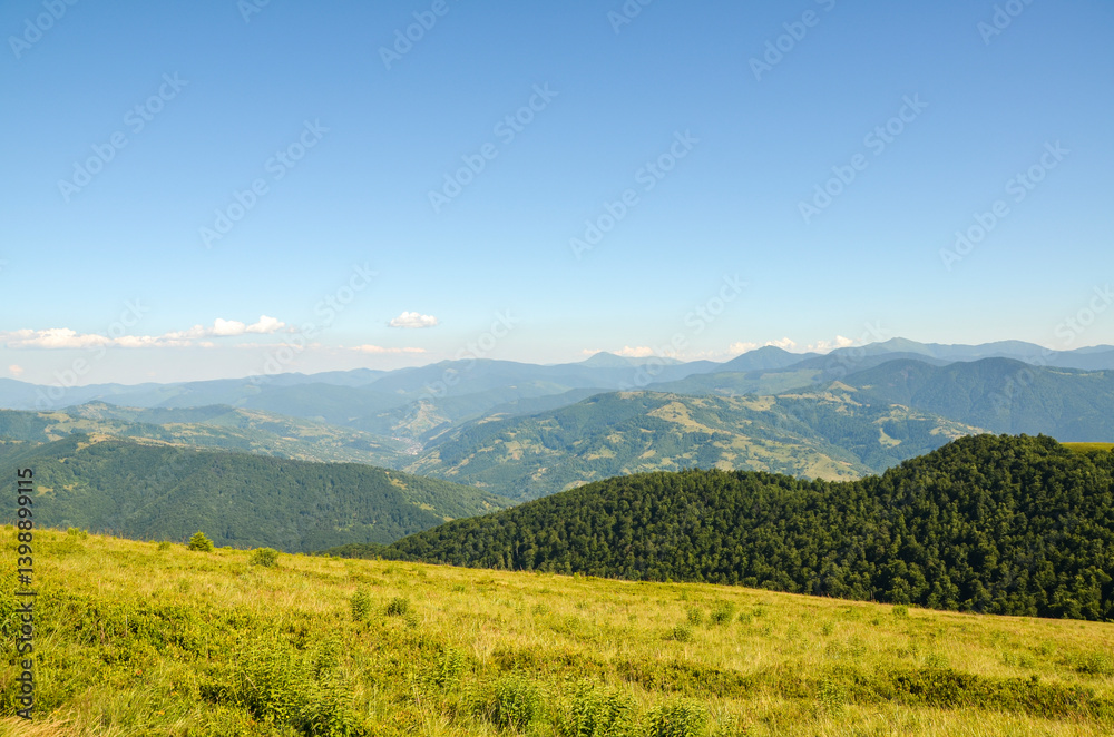 Obraz premium Peaceful natural hillside scene featuring lush grass and trees, scenic mountain ranges extending into the distance, with clear blue skies. Carpathian Mountains, Ukraine 
