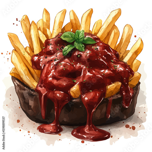 Poutine, watercolor vector, isolated on a white background.